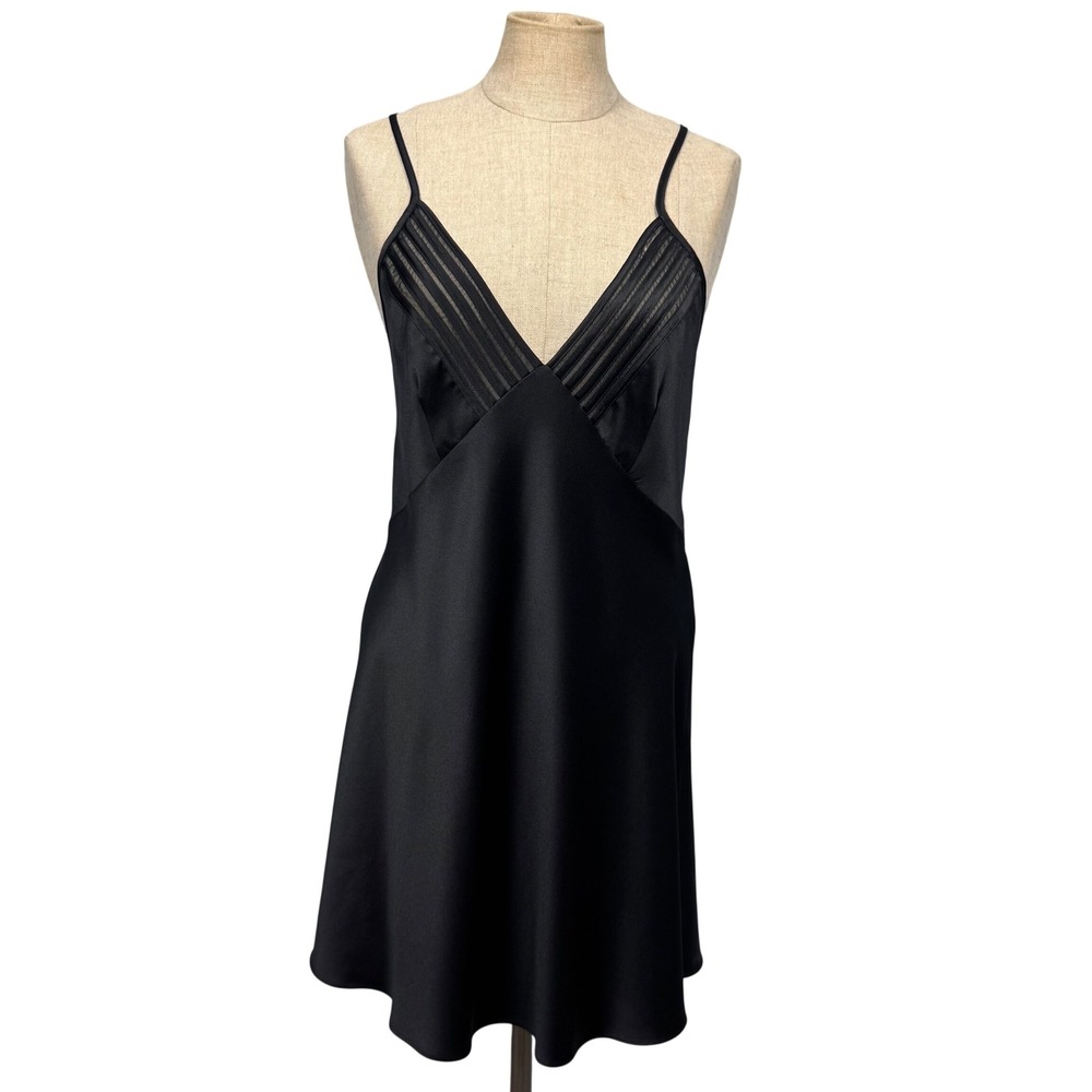 VTG S Natori Black Lingerie Slip Dress Criss Cross Strappy Nightie Satin Elegant